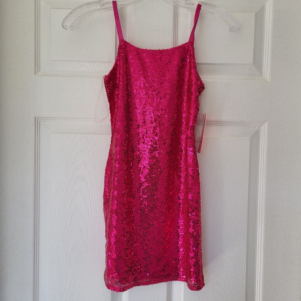 With Jules Girls Hot Pink Sequin Bodycon Mini Dress Adjustable Straps Size MD